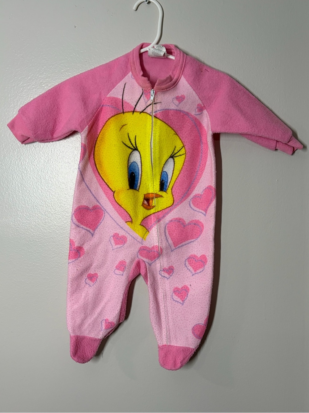 Vintage Warner Bros. Pink Tweety Fleece Footed One-Piece size 6months